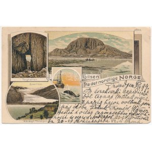 1899 (Vorläufer) Torghatten, Hilsen fra det nordlige Norge, Svaristen. W.B. Bögh Trondhjem. Art Nouveau, floral, litho ...
