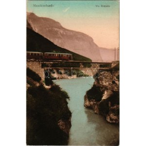 Mezzolombardo, Mezolombardo (Südtirol), Via Romana / railway bridge, train (fl)