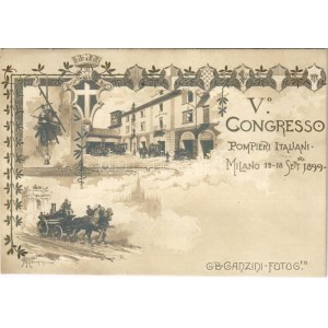 1899 Milano, V. Congresso Pompieri Italiani. G.B. Ganzini Fotogfo. / 5th Italian Firefighters Congress. Art Nouveau...