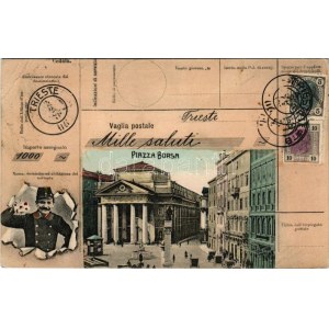 1907 Terst, Piazza Borsa, Mille saluti / Montáž s poštárom (EB)