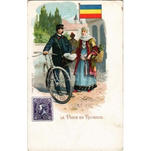 La Poste en Roumaine. Photocol Wien / Romanian post, flag and stamp, folklore. Art Nouveau litho (EK...