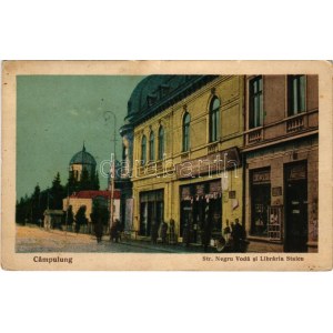 1925 Campulung Muscel, Hosszúmező, Kimpolung, Cimpolung (Arges); Str. Negru Voda si Libraria Staicu / street view...