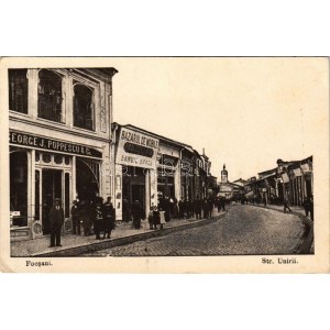 Focsani, Foksány (Moldavia); Strada Unirii, George J. Poppescu & Co., Bazarul de Mobile Samuil Marco, Mode / street...
