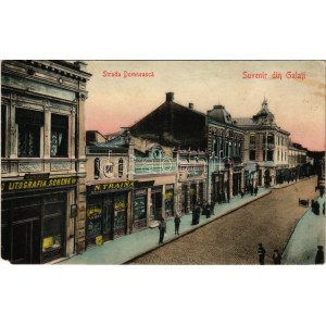 1917 Galati, Galatz; Strada Domneasca, Litografia Schenk, N. Traina, Griffon / street, shops (EM)