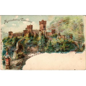 Tismana (Gorjiu), Manastirea, Salutari din Romania / monastery. Carol Göbl Art Nouveau, litho (EB)