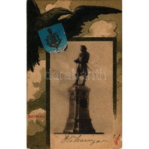 1902 Karlskrona, Statue of King Karl XI. Art Nouveau, coat of arms, litho (EK)
