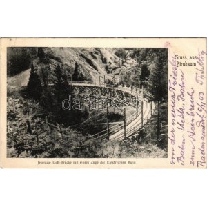 1903 Hrusica pri Jesenice, Birnbaum bei Assling; Jesenica Bach Brücke mit einem Zuge der Elektrischen Bahn ...
