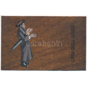 ~1900 Zsidó úr, héber újévi üdvözlet. Kézzel rajzolt és festett egyedi lap fakéregből / Jewish man...