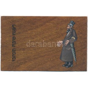 Zsidó úr, héber újévi üdvözlet. Kézzel rajzolt és festett egyedi lap fakéregből / Jewish man, Hebrew New Year greeting...