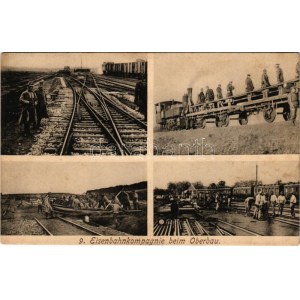 9. Eisenbahnkompagnie beim Oberbau / Cs. és kir. vasúti ezred vasút építés közben, mozdony, vonat / Austro...
