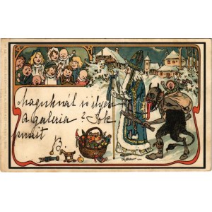 1902 Mikulás és Krampusz / Saint Nicholas and Krampus art postcard. G. Rüger & Co. Wien V/I. 1900. No. 52...