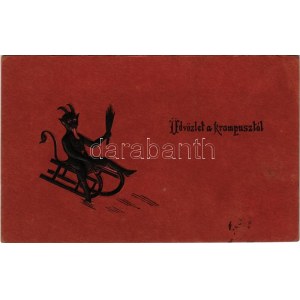 1911 Üdvözlet a Krampusztól! Szánkózás, dombornyomott / Krampus greeting, sledding - embossed