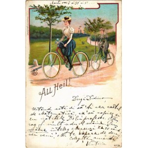 1900 Všechno Heil! / Kerékpáros üdvözlet / Cyklistické pozdravy, kola. No. 34. Secese, litografie (EK...