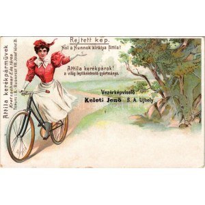 Kretzschmar E. és társa Attila kerékpárművek üzletének reklámlapja. Budapest, József körút 36. Rejtett kép...