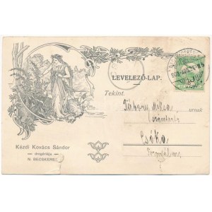 1908 Nagybecskerek, Zrenjanin, Veliki Beckerek; Kézdi Kovács Sándor drogáriája, szecessziós reklám / drugstore...