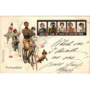 1899 (Vorläufer) Unwiderstehlich! Laura, Resi, Hilda, Peperl, Susi. Radfahrer-Postkarten v. M. Seeger ...