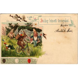 1900 Boldog húsvéti ünnepeket! kerékpározó nyuszi törpékkel / Easter greeting, rabbit on bicycle with dwarves...