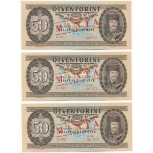 1969. 50Ft piros MINTA felülnyomással és perforációval (3x), sorszámkövetők D000 001271 - D000 001273 sorszámmal T...