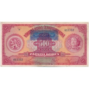 Szlovákia DN (1939) 500K kék SLOVENSKY STAT felülbélyegzéssel T:F Slovakia ND (1939) 500 Korun with blue ...
