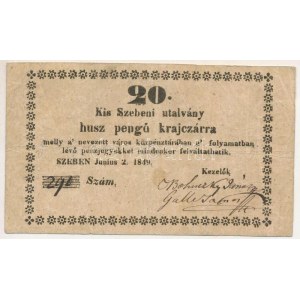 Kis-Szeben 1849. június 2. 20kr utalvány T:F,VG / Hungary / Kis-Szeben 2th June 1849. 20 Kreuzer coupon C:F...
