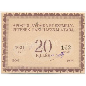 Budapest 1921. 20f Apostol-Nyomda R.T. T:AU / Hungary / Budapest 1921. 20 Fillér Apostol Press C:AU Adamo BUC-11...