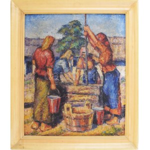 Faragó Endre (1901-1943 körül): Kútnál, 1928. Olaj, vászon. Jelzev jobbra lent: Faragó 928. Fakeretben. 60x50,5 cm ...