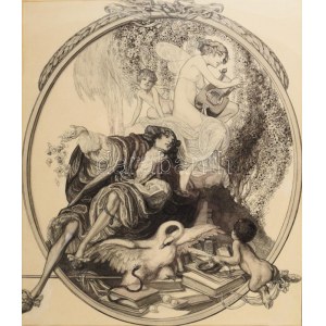 Franz von Bayros (1866-1924): Szecessziós allegorikus jelenet múzsával. Tus, papír. Jelezve középen jobbra lent...