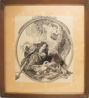 Franz von Bayros (1866-1924): Szecessziós allegorikus jelenet múzsával. Tus, papír. Jelezve középen jobbra lent...