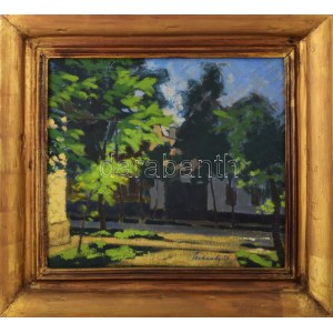 Prohászka József (1886-1964): Kecskeméti utcarészlet, 1956. Olaj, vászon. Jelzett. Hátoldalán alföldi tanya vázlattal...