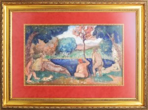Hermann Lipót (1884-1972): Fürdőzők. Olaj, vászon. Jelezve jobbra lent. Üvegezett, dekoratív fakeretben. 33x54 cm ...