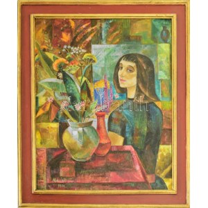 Marczell György (1897-1979): Lány virágcsokorral, 1976. Olaj, vászon, jelzett. Restaurált. Fakeretben. 97,5x77...