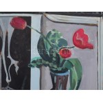Baska József (1935-2017): Konstruktív csendélet. Olaj, farost, jelzett. Hátoldalán Képcsarnok Vállalat címkéjével...