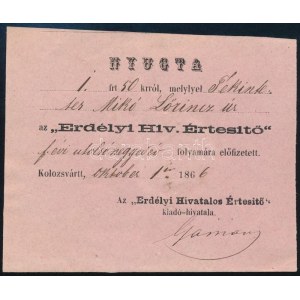 1866 Erdélyi Hiv. Értesítő Kolozsvár Nyugta / receipt