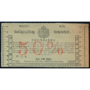 1912 Herkulesfürdői fürdő belépőjegy, ára 50 fillér, 50%-os kedvezménnyel