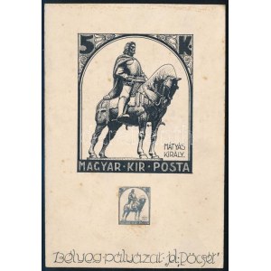 cca 1910-20 Kónya Zoltán (1891-?): Mátyás király (bélyegterv). Tus, papír, jelzés nélkül, hátoldalán feliratozott, 17...