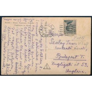 1929 Patkó Károly (1895-1941) festő autográf sorai és aláírása egy Rómából küldött képeslapon, érdekes tartalommal: (....