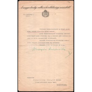 1943 Szinyei-Mersei Jenő (1888-1957), a Kállay-kormány vallás és közoktatásügyi miniszerének (1942-1944...
