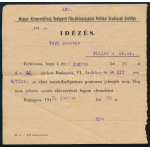 1945 Bp., a Magyar Államrendőrség Budapesti Főkapitányságának Politikai Rendészeti Osztálya (később ÁVO...
