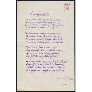 Sajó Sándor (1868-1933) irredenta költő, akadémikus A magyar sors c. versének aláírt autográf vers kézirata...