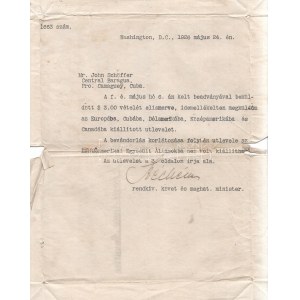 [Kézirat] Széchenyi László (1879-1938) washingtoni nagykövet levele úti okmányok megküldése ügyében...