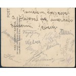 cca 1930 A Hungária FC (ma MTK) labdarúgó csapat tagjainak aláírásai képeslapon Sebes Gusztáv, Hirzer, Wéber, Kocsis...