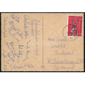 ca 1980 Magyar kajak kenusok aláírása Belgiumból hazaküldött képeslapon Petrikovics, Ring Rudolf, Veréb, Galambos...
