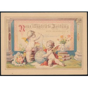 cca 1890 Neue Illustrirte Zeitung (Bécs) rajzos, kétoldalas reklám kártyája. 10×13,5 cm.
