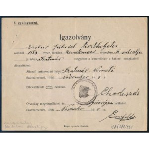 1918 Szatmárnémeti, igazolvány, katonai elbocsátójegy