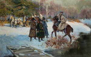 Jerzy Kossak (1886 Kraków - 1955 tamże), Rotmistrz Wąsowicz składający raport przed Napoleonem, 1925 r.