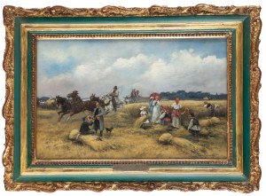 Tadeusz Rybkowski (1848 Kielce - 1926 Lwów), Towarzystwo z dworu odwiedzające żeńców, ok. 1880