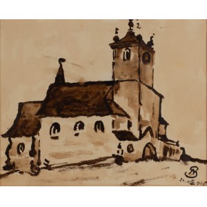Stanisław Noakowski (1867-1928), Widok na kościół z wieżą, 1918 r.