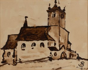 Stanisław Noakowski (1867-1928), Widok na kościół z wieżą, 1918 r.