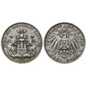 Niemcy, 3 marki, 1909 J, Hamburg