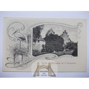 Mołtajny k. Kętrzyn, kościół, winieta z bocianem, ok. 1910